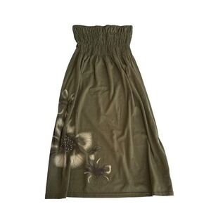 Y2K Olive Green Strapless Dress Floral Print Casual Smocked Sundress